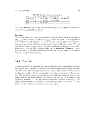 10.4. EXERCISE 93
ANOVA Table for life expectancy data
Source df Sum of Squares Mean Squares F
Regression 2 724.8171067 362.4085533 166.9029217
Error 3 6.51412 2.171373333
Total 5 731.3312267
The above ANOVA table is very similar to the one given in the SAS printouts above
under the ”Analysis of Variance”
Decision
The critical value of F from the statistical table at α=0.05 level of signiﬁcance
(F0.05;2,3)=9.55. Since F = 166.9 > F0.05;2,3 = 9.55, we reject the null hypothesis
and conclude that at least one of the explanatory variables (gross national prod-
uct and/or percentage of urban population) is related to life expectancy. You can
also decide whether or not to reject the null hypothesis by looking at the p-value
given as Pr>F in the SAS printouts under the ”Analysis of Variance”. Since
p-value=0.0009 < 0.05 (the level of signiﬁcance), we can also reject H0 as decided
using the hand calculation results.
10.4 Exercise
A soft drink bottler is analyzing the vending machine service routes in his distribu-
tion system. He is interested in predicting the amount of time required by the route
driver to service the vending machines in an outlet. This service activity includes
stocking the machine with beverage products and minor maintenance or housekeep-
ing. The industrial engineer responsible for the study has suggested that the two
most important variables aﬀecting the delivery time (Y ) are the number of cases
of product stocked (X1), and the distance walked by the route driver (X2). The
engineer has collected 25 observations on delivery time, which are shown in the table
below. Use the data to answer the questions that follow.
 
