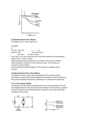 2.10 Speed Control of D.C. Motors
The speed of a d.c. motor is given by:
N ά Eb/
or
N= K (V --IaR a)/ ………………….(i)
where R = Ra for shunt motor
= Ra + Rse. for series motor
From exp. (i), it is clear that there are three main methods of controlling the
speed of a d.c. motor, namely:
(i) By varying the flux per pole (f). This is known as flux control method.
(ii) By varying the resistance in the armature circuit. This is known as
armature control method.
(iii) By varying the applied voltage V. This is known as voltage control
method.
2.11Speed Control of D.C. Shunt Motors
The speed of a shunt motor can be changed by (i) flux control method
(ii) armature control method (iii) voltage control method. The first method (i.e.
flux control method) is frequently used because it is simple and inexpensive
2.11.1. Flux control method
It is based on the fact that by varying the flux f, the motor speed (N ά 1/f) can
be changed and hence the name flux control method. In this method, a variable
resistance (known as shunt field rheostat) is placed in series with shunt field
winding as shown in fig.
 