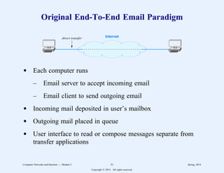 Original End-To-End Email Paradigm
Internet
direct transfer
d Each computer runs
– Email server to accept incoming email
– Email client to send outgoing email
d Incoming mail deposited in user’s mailbox
d Outgoing mail placed in queue
d User interface to read or compose messages separate from
transfer applications
Computer Networks and Internets -- Module 2 51 Spring, 2014
Copyright  2014. All rights reserved.
 