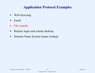 Application Protocol Examples
d Web browsing
d Email
d File transfer
d Remote login and remote desktop
d Domain Name System (name lookup)
Computer Networks and Internets -- Module 2 61 Spring, 2014
Copyright  2014. All rights reserved.
 