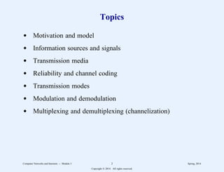 Topics
d Motivation and model
d Information sources and signals
d Transmission media
d Reliability and channel coding
d Transmission modes
d Modulation and demodulation
d Multiplexing and demultiplexing (channelization)
Computer Networks and Internets -- Module 3 2 Spring, 2014
Copyright  2014. All rights reserved.
 