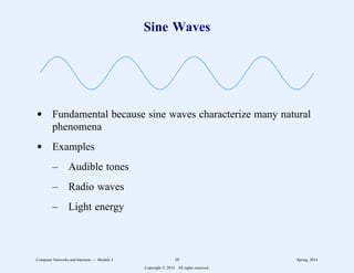 Sine Waves
d Fundamental because sine waves characterize many natural
phenomena
d Examples
– Audible tones
– Radio waves
– Light energy
Computer Networks and Internets -- Module 3 10 Spring, 2014
Copyright  2014. All rights reserved.
 