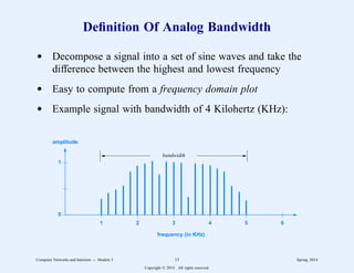 Definition Of Analog Bandwidth
d Decompose a signal into a set of sine waves and take the
difference between the highest and lowest frequency
d Easy to compute from a frequency domain plot
d Example signal with bandwidth of 4 Kilohertz (KHz):
1
0
1 2 3 4 5 6
frequency (in KHz)
amplitude
bandwidth
Computer Networks and Internets -- Module 3 13 Spring, 2014
Copyright  2014. All rights reserved.
 