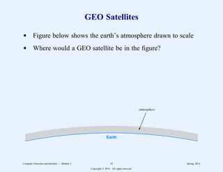 GEO Satellites
d Figure below shows the earth’s atmosphere drawn to scale
d Where would a GEO satellite be in the figure?
Earth
atmosphere
Computer Networks and Internets -- Module 3 33 Spring, 2014
Copyright  2014. All rights reserved.
 