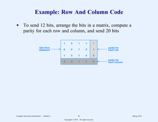 Example: Row And Column Code
d To send 12 bits, arrange the bits in a matrix, compute a
parity for each row and column, and send 20 bits
1 0 1 1 1
0 0 1 0 1
1 0 1 0 0
0 0 1 1 0
parity for
each column
parity for
each row
bits from
dataword
Computer Networks and Internets -- Module 3 41 Spring, 2014
Copyright  2014. All rights reserved.
 