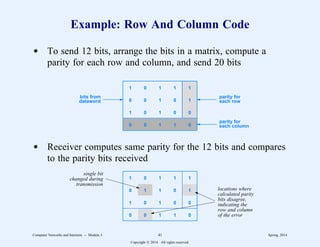 Example: Row And Column Code
d To send 12 bits, arrange the bits in a matrix, compute a
parity for each row and column, and send 20 bits
1 0 1 1 1
0 0 1 0 1
1 0 1 0 0
0 0 1 1 0
parity for
each column
parity for
each row
bits from
dataword
d Receiver computes same parity for the 12 bits and compares
to the parity bits received
1 0 1 1 1
0 1 1 0 1
1 0 1 0 0
0 0 1 1 0
single bit
changed during
transmission
locations where
calculated parity
bits disagree,
indicating the
row and column
of the error
Computer Networks and Internets -- Module 3 41 Spring, 2014
Copyright  2014. All rights reserved.
 