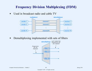 Frequency Division Multiplexing (FDM)
d Used in broadcast radio and cable TV
sender 1
sender 2
sender N
receiver 1
receiver 2
receiver N
channel 1
channel 2
channel N
.
.
.
.
.
.
.
.
.
multiplexor demultiplexor
d Demultiplexing implemented with sets of filters
filter 1
filter 2
filter N
.
.
.
demultiplexor
frequencies
for all
channels
each output has
frequencies for
one channel
Computer Networks and Internets -- Module 3 60 Spring, 2014
Copyright  2014. All rights reserved.
 