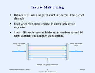 Inverse Multiplexing
d Divides data from a single channel into several lower-speed
channels
d Used when high-speed channel is unavailable or too
expensive
d Some ISPs use inverse multiplexing to combine several 10
Gbps channels into a higher-speed channel
multiple low-speed connections
single high-speed
input
single high-speed
output
Computer Networks and Internets -- Module 3 66 Spring, 2014
Copyright  2014. All rights reserved.
 