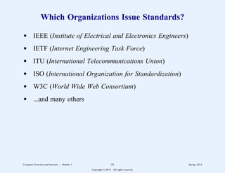 Which Organizations Issue Standards?
d IEEE (Institute of Electrical and Electronics Engineers)
d IETF (Internet Engineering Task Force)
d ITU (International Telecommunications Union)
d ISO (International Organization for Standardization)
d W3C (World Wide Web Consortium)
d ...and many others
Computer Networks and Internets -- Module 1 23 Spring, 2014
Copyright  2014. All rights reserved.
 