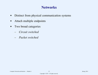 Networks
d Distinct from physical communication systems
d Attach multiple endpoints
d Two broad categories
– Circuit switched
– Packet switched
Computer Networks and Internets -- Module 4 15 Spring, 2014
Copyright  2014. All rights reserved.
 