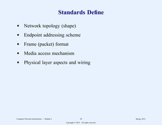 Standards Define
d Network topology (shape)
d Endpoint addressing scheme
d Frame (packet) format
d Media access mechanism
d Physical layer aspects and wiring
Computer Networks and Internets -- Module 4 24 Spring, 2014
Copyright  2014. All rights reserved.
 