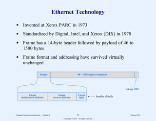 Ethernet Technology
d Invented at Xerox PARC in 1973
d Standardized by Digital, Intel, and Xerox (DIX) in 1978
d Frame has a 14-byte header followed by payload of 46 to
1500 bytes
d Frame format and addressing have survived virtually
unchanged
header 46 - 1500 bytes of payload
6-byte
destination address
6-byte
source address
2-byte
type header details
4-byte CRC
Computer Networks and Internets -- Module 4 50 Spring, 2014
Copyright  2014. All rights reserved.
 