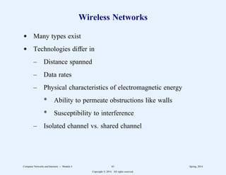 Wireless Networks
d Many types exist
d Technologies differ in
– Distance spanned
– Data rates
– Physical characteristics of electromagnetic energy
* Ability to permeate obstructions like walls
* Susceptibility to interference
– Isolated channel vs. shared channel
Computer Networks and Internets -- Module 4 61 Spring, 2014
Copyright  2014. All rights reserved.
 