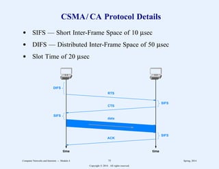 CSMA/ CA Protocol Details
d SIFS — Short Inter-Frame Space of 10 µsec
d DIFS — Distributed Inter-Frame Space of 50 µsec
d Slot Time of 20 µsec
time time
DIFS
RTS
SIFS
CTS
SIFS
data
SIFS
ACK
Computer Networks and Internets -- Module 4 75 Spring, 2014
Copyright  2014. All rights reserved.
 