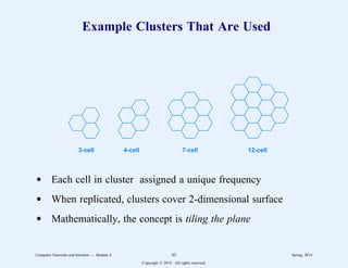 Example Clusters That Are Used
3-cell 4-cell 7-cell 12-cell
d Each cell in cluster assigned a unique frequency
d When replicated, clusters cover 2-dimensional surface
d Mathematically, the concept is tiling the plane
Computer Networks and Internets -- Module 4 85 Spring, 2014
Copyright  2014. All rights reserved.
 