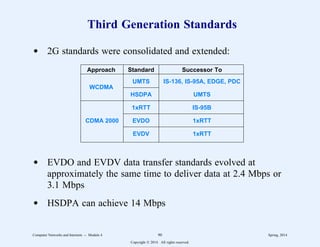 Third Generation Standards
d 2G standards were consolidated and extended:
222222222222222222222222222222222222222222222222222222
Approach Standard Successor To
222222222222222222222222222222222222222222222222222222
WCDMA
UMTS IS-136, IS-95A, EDGE, PDC
222222222222
HSDPA UMTS
222222222222222222222222222222222222222222222222222222
1xRTT IS-95B
2222222222222222222222222222222222222222
CDMA 2000 EVDO 1xRTT
2222222222222222222222222222222222222222
EVDV 1xRTT
222222222222222222222222222222222222222222222222222222
1
1
1
1
1
1
1
1
1
1
1
1
1
1
1
1
1
1
1
1
1
1
1
1
1
1
1
1
1
1
1
1
1
1
1
1
1
1
1
1
1
1
1
1
1
1
1
1
1
1
1
1
d EVDO and EVDV data transfer standards evolved at
approximately the same time to deliver data at 2.4 Mbps or
3.1 Mbps
d HSDPA can achieve 14 Mbps
Computer Networks and Internets -- Module 4 90 Spring, 2014
Copyright  2014. All rights reserved.
 