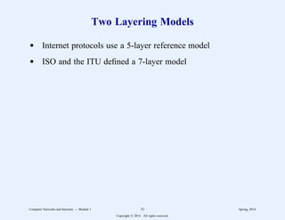 Two Layering Models
d Internet protocols use a 5-layer reference model
d ISO and the ITU defined a 7-layer model
Computer Networks and Internets -- Module 1 32 Spring, 2014
Copyright  2014. All rights reserved.
 