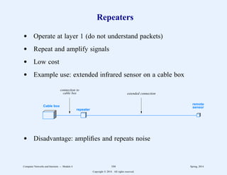 Repeaters
d Operate at layer 1 (do not understand packets)
d Repeat and amplify signals
d Low cost
d Example use: extended infrared sensor on a cable box
repeater
remote
sensor
Cable box
connection to
cable box extended connection
d Disadvantage: amplifies and repeats noise
Computer Networks and Internets -- Module 4 104 Spring, 2014
Copyright  2014. All rights reserved.
 