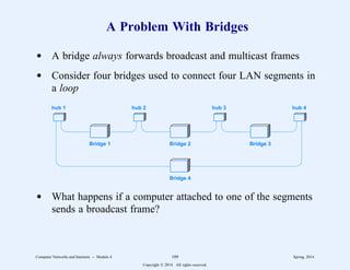 A Problem With Bridges
d A bridge always forwards broadcast and multicast frames
d Consider four bridges used to connect four LAN segments in
a loop
hub 1 hub 2 hub 3 hub 4
Bridge 1 Bridge 2 Bridge 3
Bridge 4
d What happens if a computer attached to one of the segments
sends a broadcast frame?
Computer Networks and Internets -- Module 4 109 Spring, 2014
Copyright  2014. All rights reserved.
 