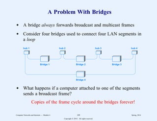 A Problem With Bridges
d A bridge always forwards broadcast and multicast frames
d Consider four bridges used to connect four LAN segments in
a loop
hub 1 hub 2 hub 3 hub 4
Bridge 1 Bridge 2 Bridge 3
Bridge 4
d What happens if a computer attached to one of the segments
sends a broadcast frame?
Copies of the frame cycle around the bridges forever!
Computer Networks and Internets -- Module 4 109 Spring, 2014
Copyright  2014. All rights reserved.
 