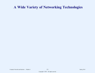 A Wide Variety of Networking Technologies
Computer Networks and Internets -- Module 4 121 Spring, 2014
Copyright  2014. All rights reserved.
 