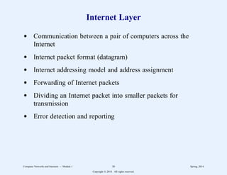 Internet Layer
d Communication between a pair of computers across the
Internet
d Internet packet format (datagram)
d Internet addressing model and address assignment
d Forwarding of Internet packets
d Dividing an Internet packet into smaller packets for
transmission
d Error detection and reporting
Computer Networks and Internets -- Module 1 36 Spring, 2014
Copyright  2014. All rights reserved.
 
