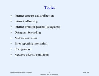 Topics
d Internet concept and architecture
d Internet addressing
d Internet Protocol packets (datagrams)
d Datagram forwarding
d Address resolution
d Error reporting mechanism
d Configuration
d Network address translation
Computer Networks and Internets -- Module 5 2 Spring, 2014
Copyright  2014. All rights reserved.
 