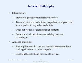 Internet Philosophy
d Infrastructure
– Provides a packet communication service
– Treats all attached endpoints as equal (any endpoint can
send a packet to any other endpoint)
– Does not restrict or dictate packet contents
– Does not restrict or dictate underlying network
technologies
d Attached endpoints
– Run applications that use the network to communicate
with applications on other endpoints
– Control all content and provide all services
Computer Networks and Internets -- Module 5 11 Spring, 2014
Copyright  2014. All rights reserved.
 