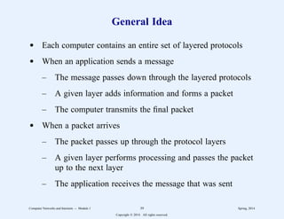 General Idea
d Each computer contains an entire set of layered protocols
d When an application sends a message
– The message passes down through the layered protocols
– A given layer adds information and forms a packet
– The computer transmits the final packet
d When a packet arrives
– The packet passes up through the protocol layers
– A given layer performs processing and passes the packet
up to the next layer
– The application receives the message that was sent
Computer Networks and Internets -- Module 1 39 Spring, 2014
Copyright  2014. All rights reserved.
 