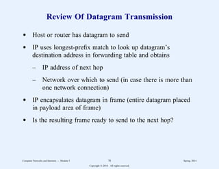 Review Of Datagram Transmission
d Host or router has datagram to send
d IP uses longest-prefix match to look up datagram’s
destination address in forwarding table and obtains
– IP address of next hop
– Network over which to send (in case there is more than
one network connection)
d IP encapsulates datagram in frame (entire datagram placed
in payload area of frame)
d Is the resulting frame ready to send to the next hop?
Computer Networks and Internets -- Module 5 78 Spring, 2014
Copyright  2014. All rights reserved.
 