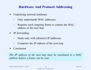 Hardware And Protocol Addressing
d Underlying network hardware
– Only understands MAC addresses
– Requires each outgoing frame to contain the MAC
address of the next hop
d IP forwarding
– Deals only with (abstract) IP addresses
– Computes the IP address of the next hop
d Conclusion
The IP address of the next hop must be translated to a MAC
address before a frame can be sent.
Computer Networks and Internets -- Module 5 79 Spring, 2014
Copyright  2014. All rights reserved.
 