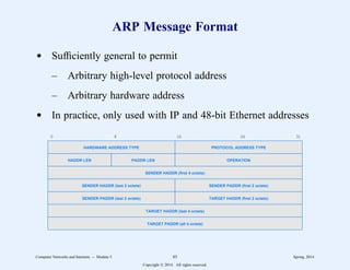 ARP Message Format
d Sufficiently general to permit
– Arbitrary high-level protocol address
– Arbitrary hardware address
d In practice, only used with IP and 48-bit Ethernet addresses
0 8 16 24 31
HARDWARE ADDRESS TYPE PROTOCOL ADDRESS TYPE
HADDR LEN PADDR LEN OPERATION
SENDER HADDR (first 4 octets)
SENDER HADDR (last 2 octets) SENDER PADDR (first 2 octets)
SENDER PADDR (last 2 octets) TARGET HADDR (first 2 octets)
TARGET HADDR (last 4 octets)
TARGET PADDR (all 4 octets)
Computer Networks and Internets -- Module 5 85 Spring, 2014
Copyright  2014. All rights reserved.
 