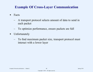 Example Of Cross-Layer Communication
d Facts
– A transport protocol selects amount of data to send in
each packet
– To optimize performance, ensure packets are full
d Unfortunately
– To find maximum packet size, transport protocol must
interact with a lower layer
Computer Networks and Internets -- Module 1 46 Spring, 2014
Copyright  2014. All rights reserved.
 