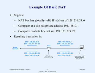Example Of Basic NAT
d Suppose
– NAT box has globally-valid IP address of 128.210.24.6
– Computer at a site has private address 192.168.0.1
– Computer contacts Internet site 198.133.219.25
d Resulting translation is:
NAT
to the
Internet
SRC = 192.168.0.1
DST = 198.133.219.25
SRC = 128.210.24.6
DST = 198.133.219.25
SRC = 198.133.219.25
DST = 128.210.24.6
SRC = 198.133.219.25
DST = 192.168.0.1
valid address
128.210.24.6
host at site with
private address
192.168.0.1
Computer Networks and Internets -- Module 5 117 Spring, 2014
Copyright  2014. All rights reserved.
 
