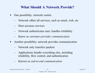 What Should A Network Provide?
d One possibility: network centric
– Network offers all services, such as email, web, etc
– Host accesses services
– Network authenticates user, handles reliability
– Know as customer-provider communication
d Another possibility: network provides communication
– Network only transfers packets
– Applications handle everything else, including
reliability, flow control, and authentication
– Known as end-to-end communication
Computer Networks and Internets -- Module 5 123 Spring, 2014
Copyright  2014. All rights reserved.
 