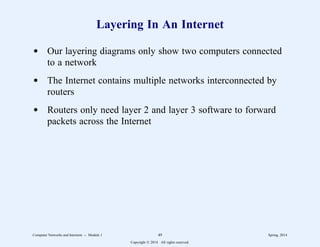 Layering In An Internet
d Our layering diagrams only show two computers connected
to a network
d The Internet contains multiple networks interconnected by
routers
d Routers only need layer 2 and layer 3 software to forward
packets across the Internet
Computer Networks and Internets -- Module 1 49 Spring, 2014
Copyright  2014. All rights reserved.
 
