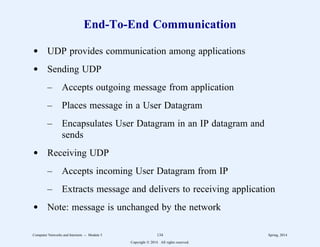 End-To-End Communication
d UDP provides communication among applications
d Sending UDP
– Accepts outgoing message from application
– Places message in a User Datagram
– Encapsulates User Datagram in an IP datagram and
sends
d Receiving UDP
– Accepts incoming User Datagram from IP
– Extracts message and delivers to receiving application
d Note: message is unchanged by the network
Computer Networks and Internets -- Module 5 134 Spring, 2014
Copyright  2014. All rights reserved.
 