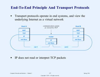 End-To-End Principle And Transport Protocols
d Transport protocols operate in end systems, and view the
underlying Internet as a virtual network
TCP TCP
IP IP
IP
net iface. net iface.
net iface.
appl. appl.
net 1 net 2
Host A Host B
router
communication system
as viewed by TCP
d IP does not read or interpret TCP packets
Computer Networks and Internets -- Module 5 157 Spring, 2014
Copyright  2014. All rights reserved.
 