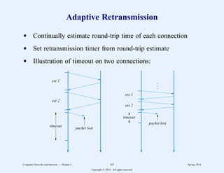 Adaptive Retransmission
d Continually estimate round-trip time of each connection
d Set retransmission timer from round-trip estimate
d Illustration of timeout on two connections:
.
.
.
.
.
.
.
.
.
.
.
.
.
.
.
.
.
.
.
.
.
.
.
.
.
.
.
.
.
.
.
.
.
.
.
.
.
.
.
.
.
.
.
.
.
.
.
.
.
.
est 1
est 2
timeout
.
.
.
.
.
.
.
.
.
.
.
.
.
.
.
.
.
.
.
.
.
.
.
.
.
.
.
.
.
.
.
.
.
.
.
.
.
.
.
.
.
.
.
.
.
.
.
.
.
.
est 1
est 2
timeout
.
.
.
packet lost
packet lost
Computer Networks and Internets -- Module 5 167 Spring, 2014
Copyright  2014. All rights reserved.
 