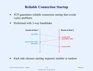 Reliable Connection Startup
d TCP guarantees reliable connection startup that avoids
replay problems
d Performed with 3-way handshake
Events at Host 1 Events at Host 2
send SYN
receive SYN
send SYN + ACK
receive SYN + ACK
send ACK
receive ACK
d Each side chooses starting sequence number at random
Computer Networks and Internets -- Module 5 178 Spring, 2014
Copyright  2014. All rights reserved.
 