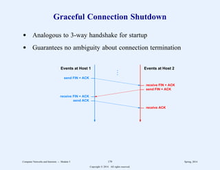 Graceful Connection Shutdown
d Analogous to 3-way handshake for startup
d Guarantees no ambiguity about connection termination
Events at Host 1 Events at Host 2
send FIN + ACK
receive FIN + ACK
send FIN + ACK
receive FIN + ACK
send ACK
receive ACK
.
.
.
Computer Networks and Internets -- Module 5 179 Spring, 2014
Copyright  2014. All rights reserved.
 