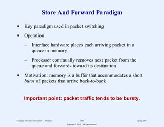 Store And Forward Paradigm
d Key paradigm used in packet switching
d Operation
– Interface hardware places each arriving packet in a
queue in memory
– Processor continually removes next packet from the
queue and forwards toward its destination
d Motivation: memory is a buffer that accommodates a short
burst of packets that arrive back-to-back
Important point: packet traffic tends to be bursty.
Computer Networks and Internets -- Module 5 187 Spring, 2014
Copyright  2014. All rights reserved.
 