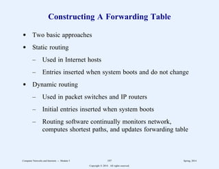 Constructing A Forwarding Table
d Two basic approaches
d Static routing
– Used in Internet hosts
– Entries inserted when system boots and do not change
d Dynamic routing
– Used in packet switches and IP routers
– Initial entries inserted when system boots
– Routing software continually monitors network,
computes shortest paths, and updates forwarding table
Computer Networks and Internets -- Module 5 197 Spring, 2014
Copyright  2014. All rights reserved.
 