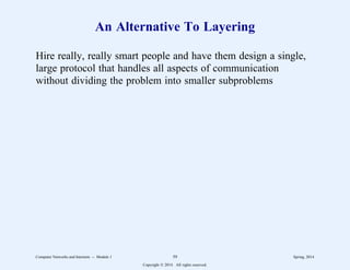 An Alternative To Layering
Hire really, really smart people and have them design a single,
large protocol that handles all aspects of communication
without dividing the problem into smaller subproblems
Computer Networks and Internets -- Module 1 59 Spring, 2014
Copyright  2014. All rights reserved.
 
