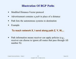 Illustration Of BGP Paths
d Modified Distance-Vector protocol
d Advertisement contains a path in place of a distance
d Path lists the autonomous systems to destination
d Example
To reach network X, I send along path Z, Y, W,...
d Path information means receiver can apply policies (e.g.,
receiver can choose to ignore all routes that pass through AS
number N)
Computer Networks and Internets -- Module 5 218 Spring, 2014
Copyright  2014. All rights reserved.
 
