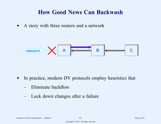How Good News Can Backwash
d A story with three routers and a network
A B C
network N
d In practice, modern DV protocols employ heuristics that
– Eliminate backflow
– Lock down changes after a failure
Computer Networks and Internets -- Module 5 227 Spring, 2014
Copyright  2014. All rights reserved.
 