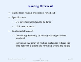 Routing Overhead
d Traffic from routing protocols is “overhead”
d Specific cases
– DV advertisements tend to be large
– LSR uses broadcast
d Fundamental tradeoff
– Decreasing frequency of routing exchanges lowers
overhead
– Increasing frequency of routing exchanges reduces the
time between a failure and rerouting around the failure
Computer Networks and Internets -- Module 5 229 Spring, 2014
Copyright  2014. All rights reserved.
 