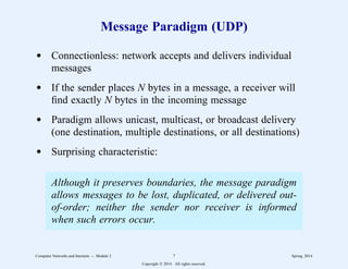 Message Paradigm (UDP)
d Connectionless: network accepts and delivers individual
messages
d If the sender places N bytes in a message, a receiver will
find exactly N bytes in the incoming message
d Paradigm allows unicast, multicast, or broadcast delivery
(one destination, multiple destinations, or all destinations)
d Surprising characteristic:
Although it preserves boundaries, the message paradigm
allows messages to be lost, duplicated, or delivered out-
of-order; neither the sender nor receiver is informed
when such errors occur.
Computer Networks and Internets -- Module 2 7 Spring, 2014
Copyright  2014. All rights reserved.
 