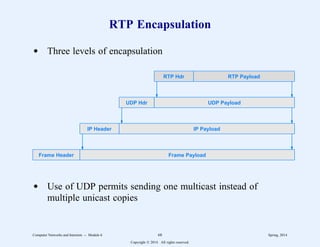 RTP Encapsulation
d Three levels of encapsulation
Frame Header Frame Payload
IP Header IP Payload
UDP Payload
UDP Hdr
RTP Payload
RTP Hdr
d Use of UDP permits sending one multicast instead of
multiple unicast copies
Computer Networks and Internets -- Module 6 68 Spring, 2014
Copyright  2014. All rights reserved.
 