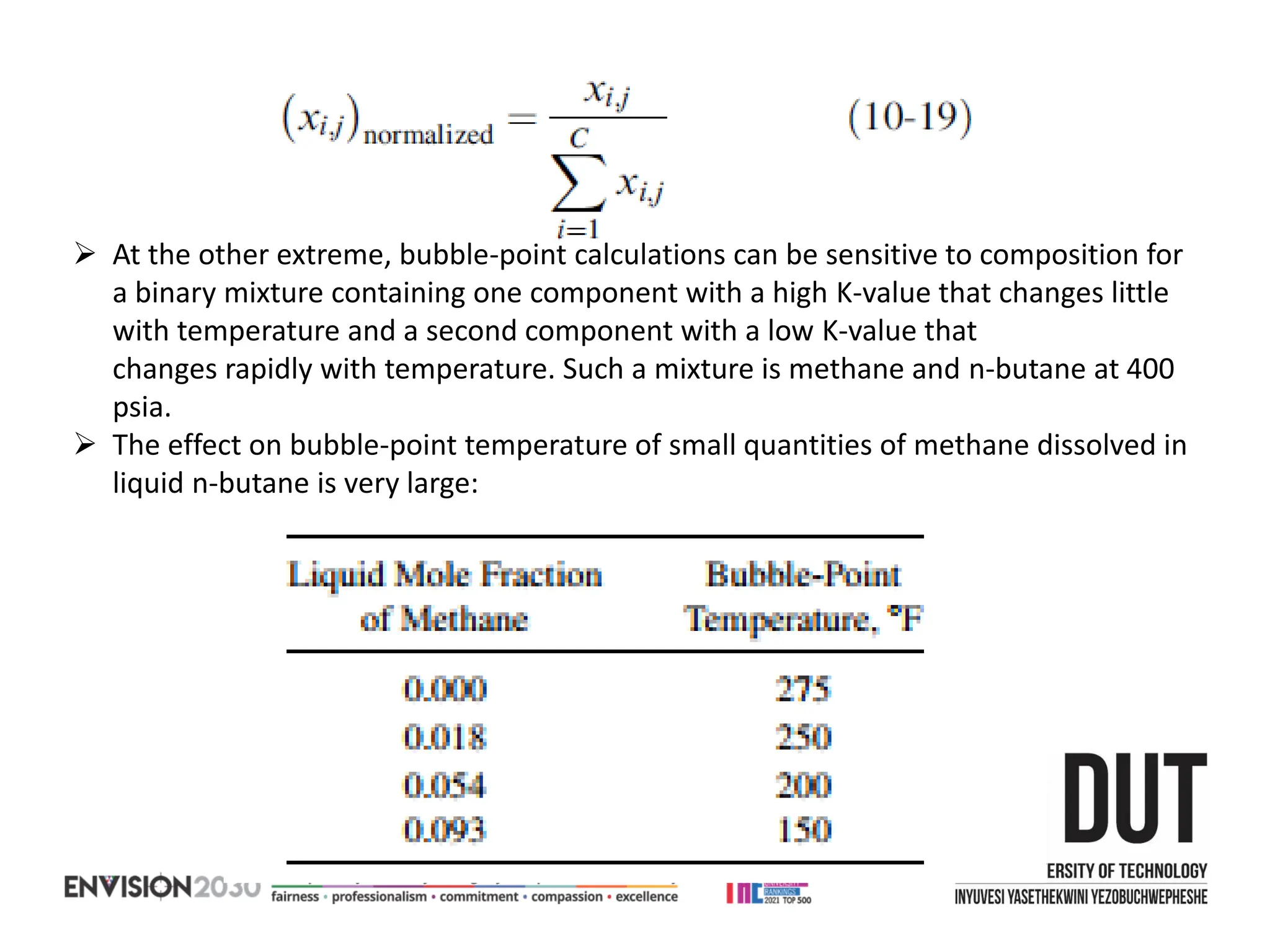 ➢ At the other extreme, bubble-point calculations can be sensitive to composition for
a binary mixture containing one component with a high K-value that changes little
with temperature and a second component with a low K-value that
changes rapidly with temperature. Such a mixture is methane and n-butane at 400
psia.
➢ The effect on bubble-point temperature of small quantities of methane dissolved in
liquid n-butane is very large:
 